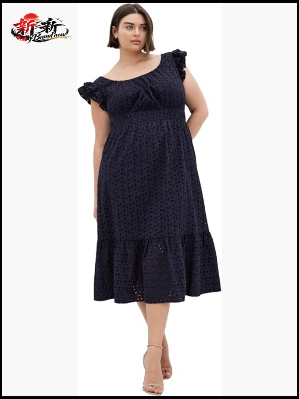 City Chic Plus Size Sweet Broderie Midi Dress A-Line Ruffled Shoulders Pockets